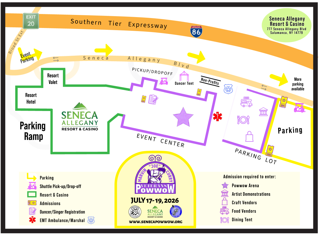 Map for the 2026 Seneca Nation Powwow taking place July 17-19, 2026 at the Seneca Niagara Resort & Casino in Salamanca, NY.