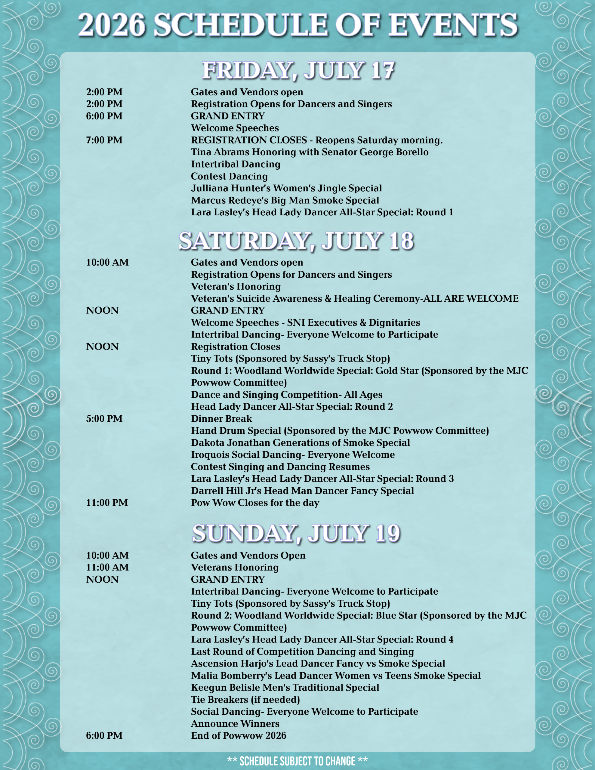 2026 Seneca Nation Powwow schedule of events