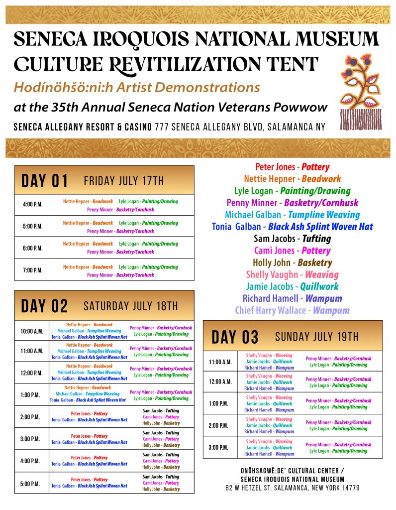 Artist demonstration culture revitalist tent at the seneca nation powwow on july 18-19, 202 6 in salamanca, ny